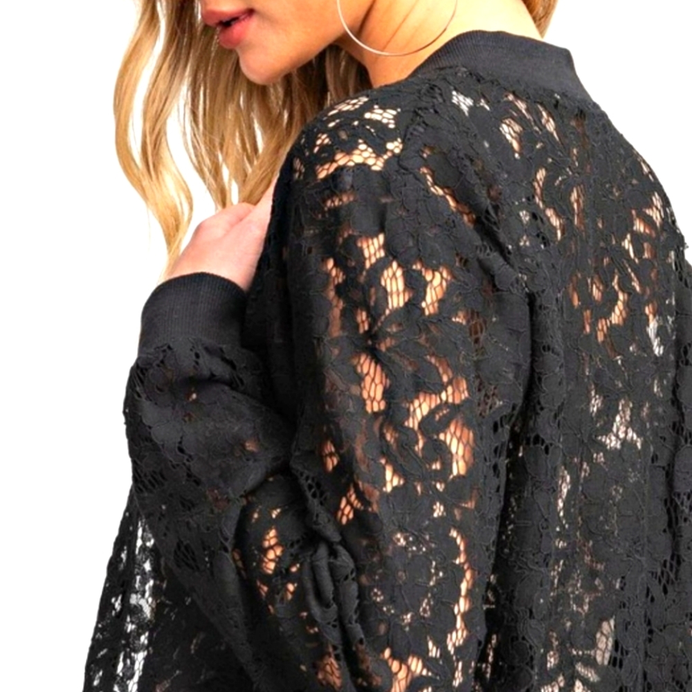 Zara Black See-through Floral Bomber Jacket Size M
